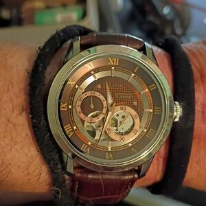 Bulova Brown and Gold Skeleton Dial Leather Watch
